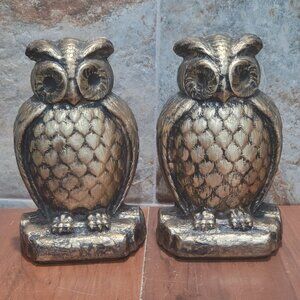 Vintage Chalkware Pair Bronze Owl Bookends Home Decor